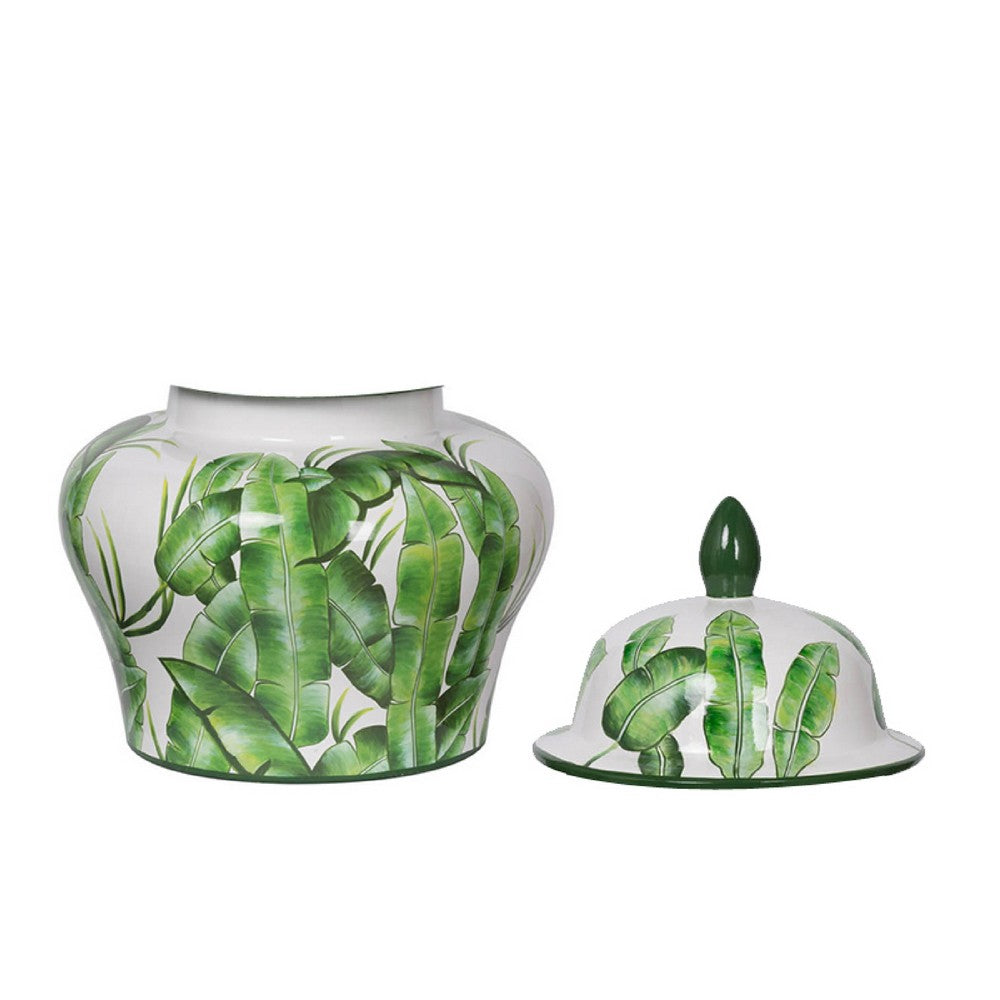 Jesu Ginger Jar with Lid, White Green Palm Leaf Accent, 17 Inch Porcelain - BM350111