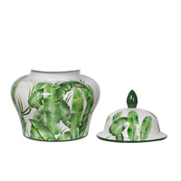 Jesu Ginger Jar with Lid, White Green Palm Leaf Accent, 17 Inch Porcelain - BM350111