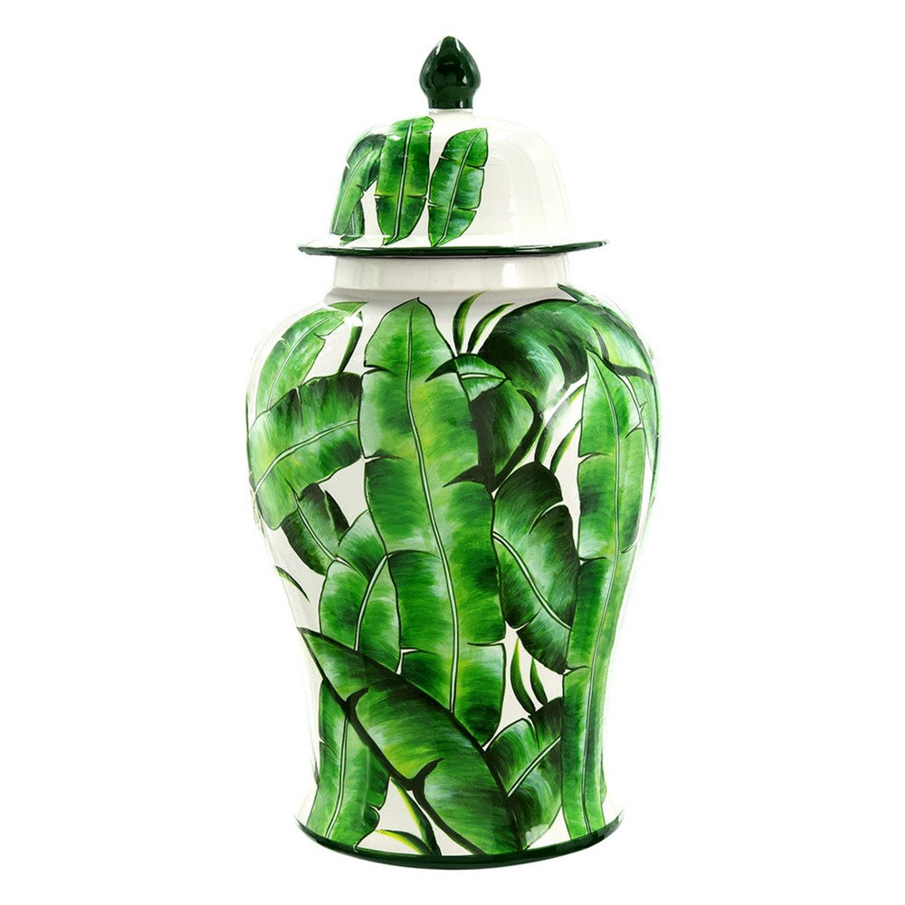 Jesu Temple Jar with Lid, White Green Palm Leaf Accent, 18 Inch Porcelain - BM350112