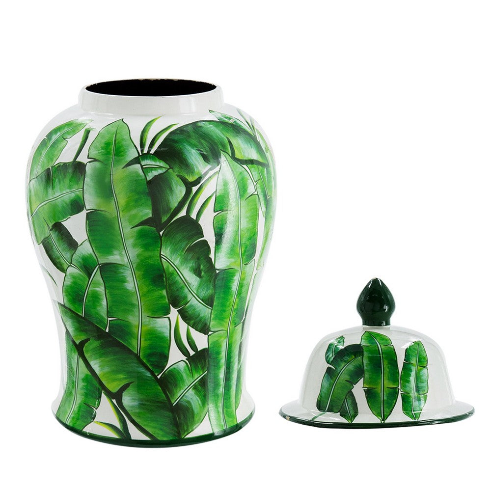 Jesu Temple Jar with Lid, White Green Palm Leaf Accent, 18 Inch Porcelain - BM350112