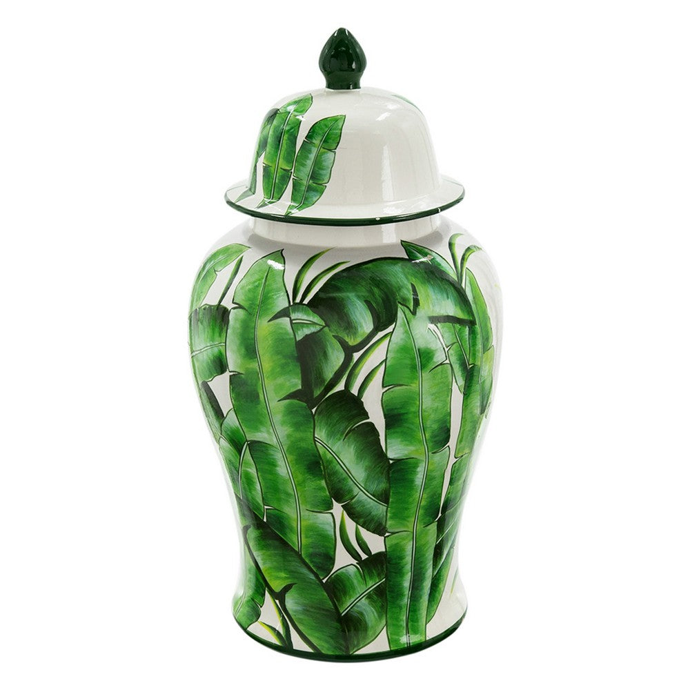 Jesu Temple Jar with Lid, White Green Palm Leaf Accent, 18 Inch Porcelain - BM350112
