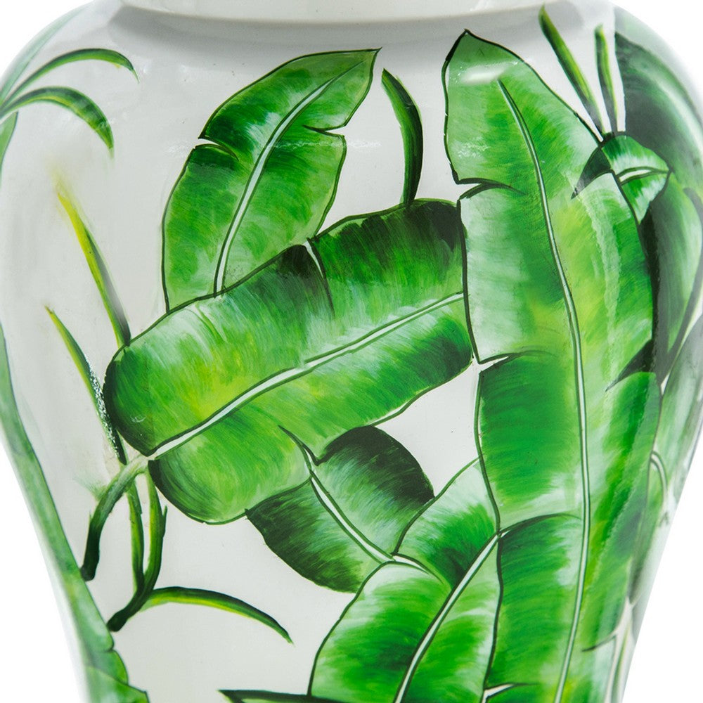 Jesu Temple Jar with Lid, White Green Palm Leaf Accent, 18 Inch Porcelain - BM350112