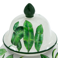 Jesu Temple Jar with Lid, White Green Palm Leaf Accent, 18 Inch Porcelain - BM350112