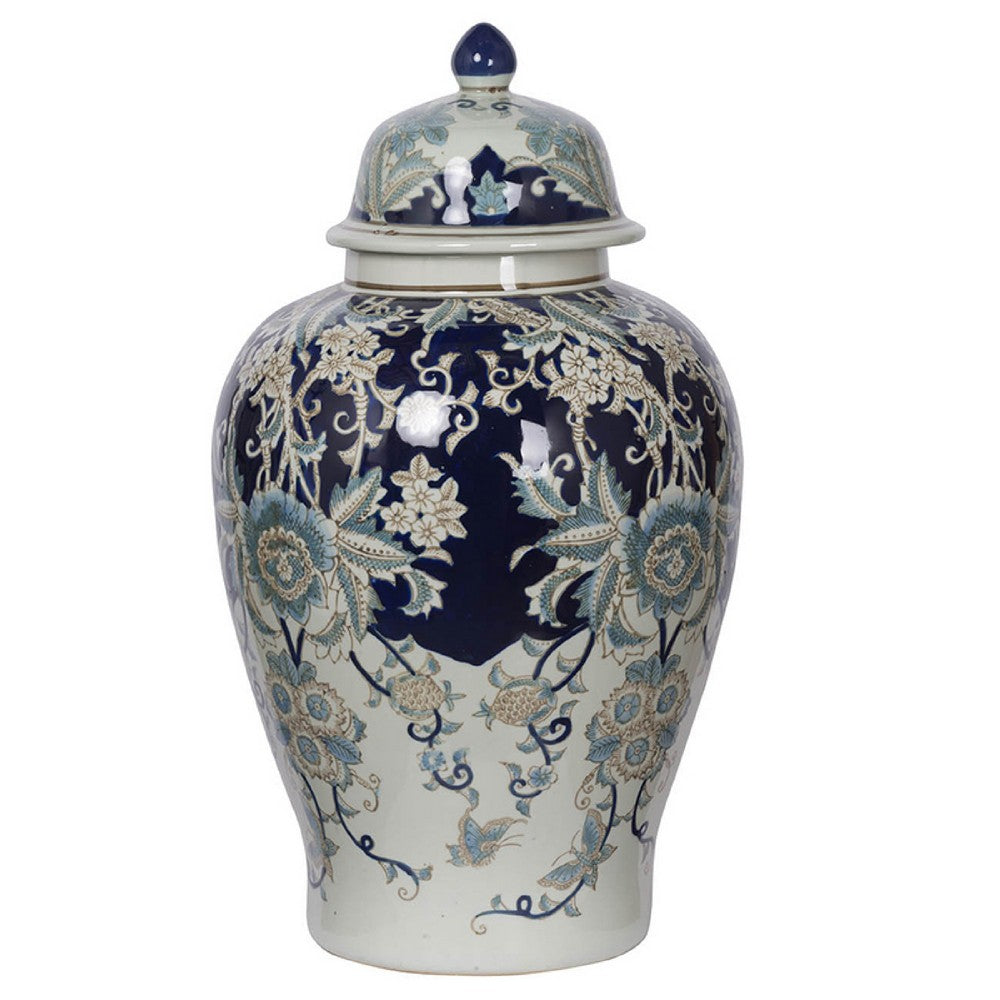 Rayn Ginger Jar with Lid, Blue White Chinoiserie Art, 23 Inch Porcelain - BM350114