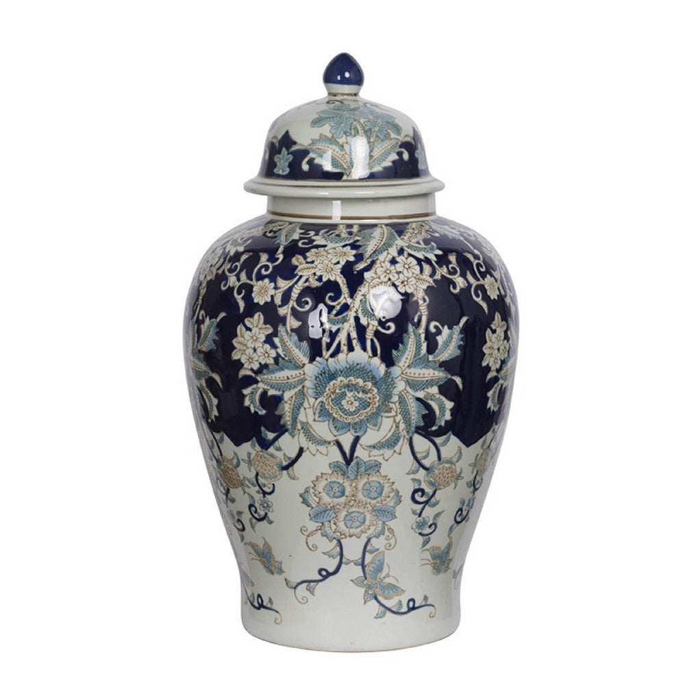 Rayn Ginger Jar with Lid, Blue White Chinoiserie Art, 23 Inch Porcelain - BM350114