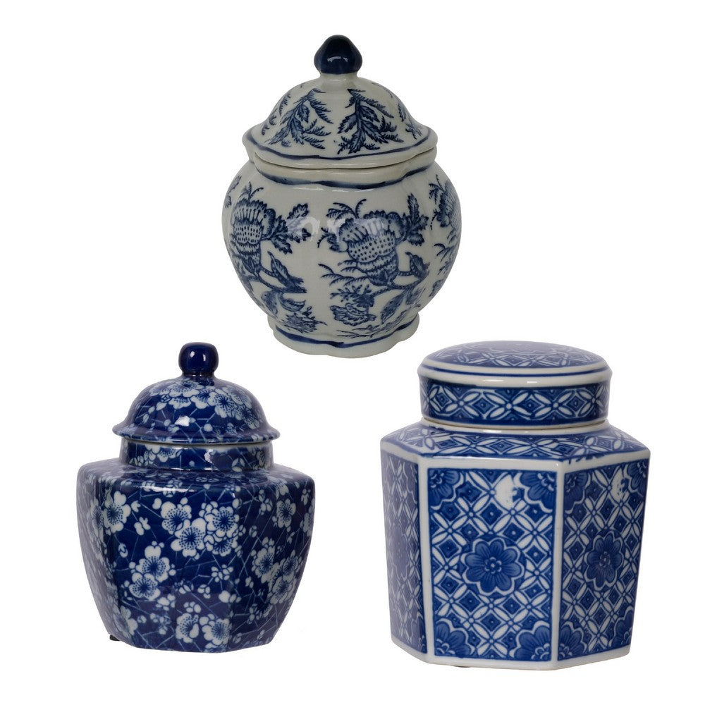 Porcelain Decorative Jars with Lid Set of 3, Blue White Chinoiserie, 6 Inch - BM350116