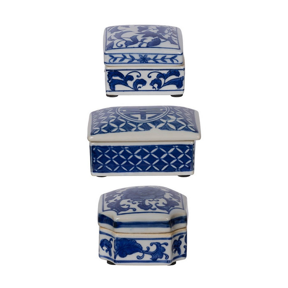 Porcelain Decorative Storage Boxes Set of 3, Blue White Chinoiserie Art - BM350117