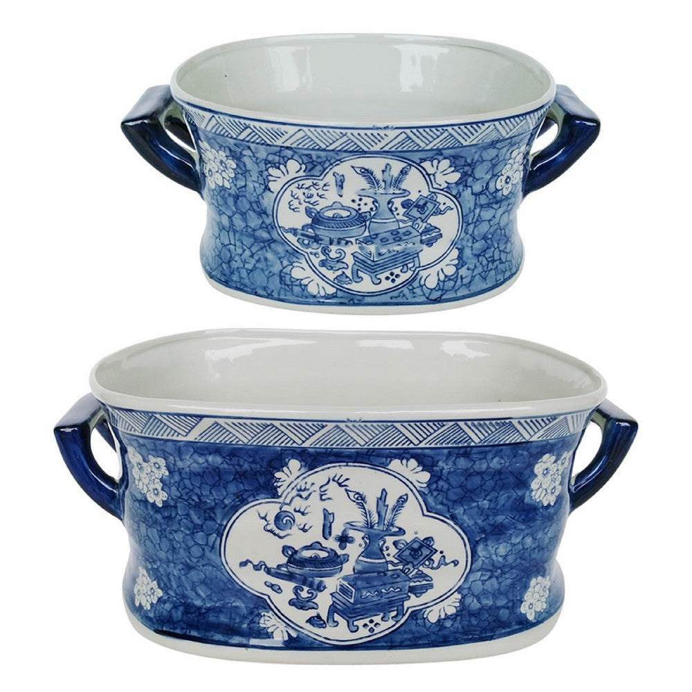 Porcelain Decorative Planter Pots Set of 2, White Blue, 20, 14 Inch - BM350118