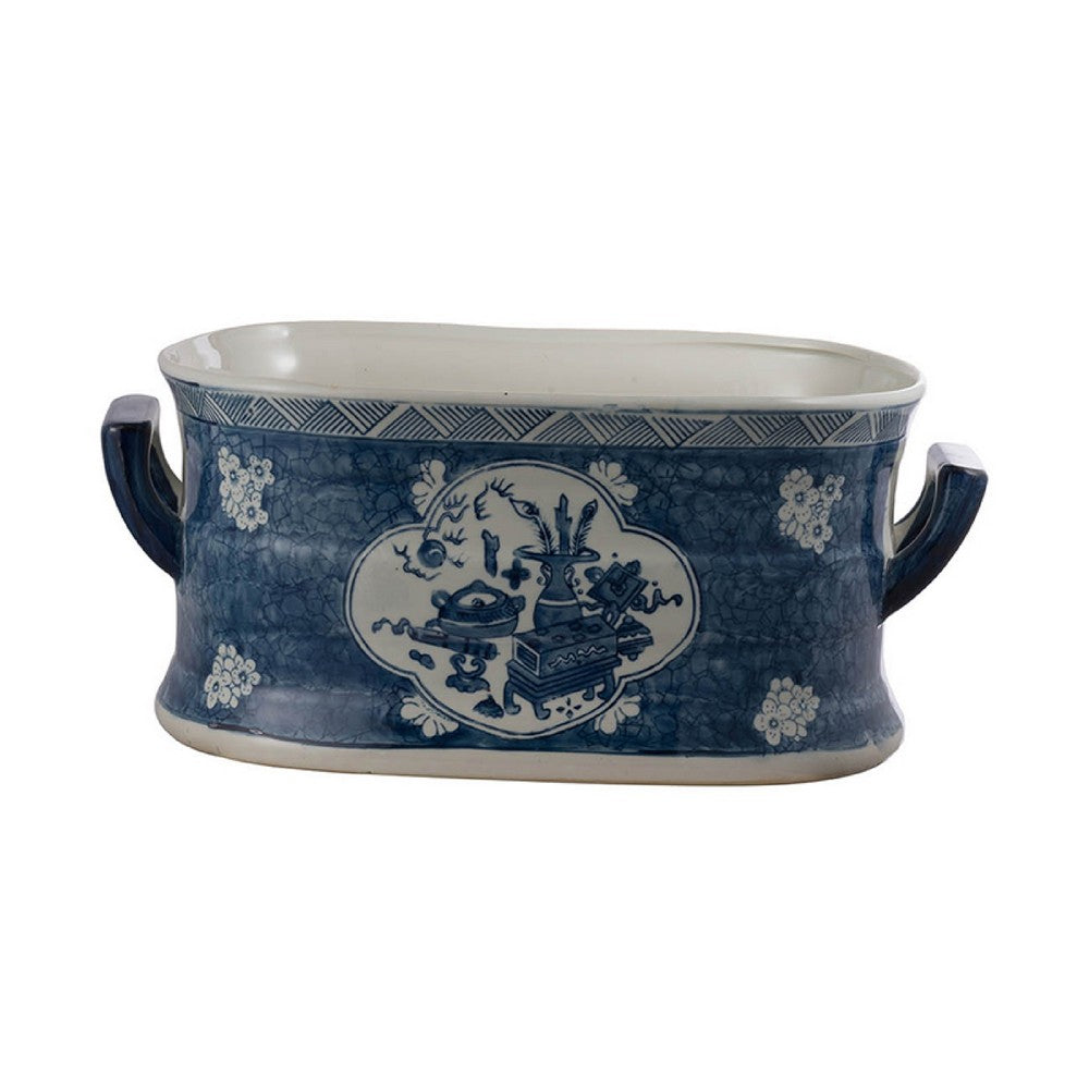 Porcelain Decorative Planter Pots Set of 2, White Blue, 20, 14 Inch - BM350118