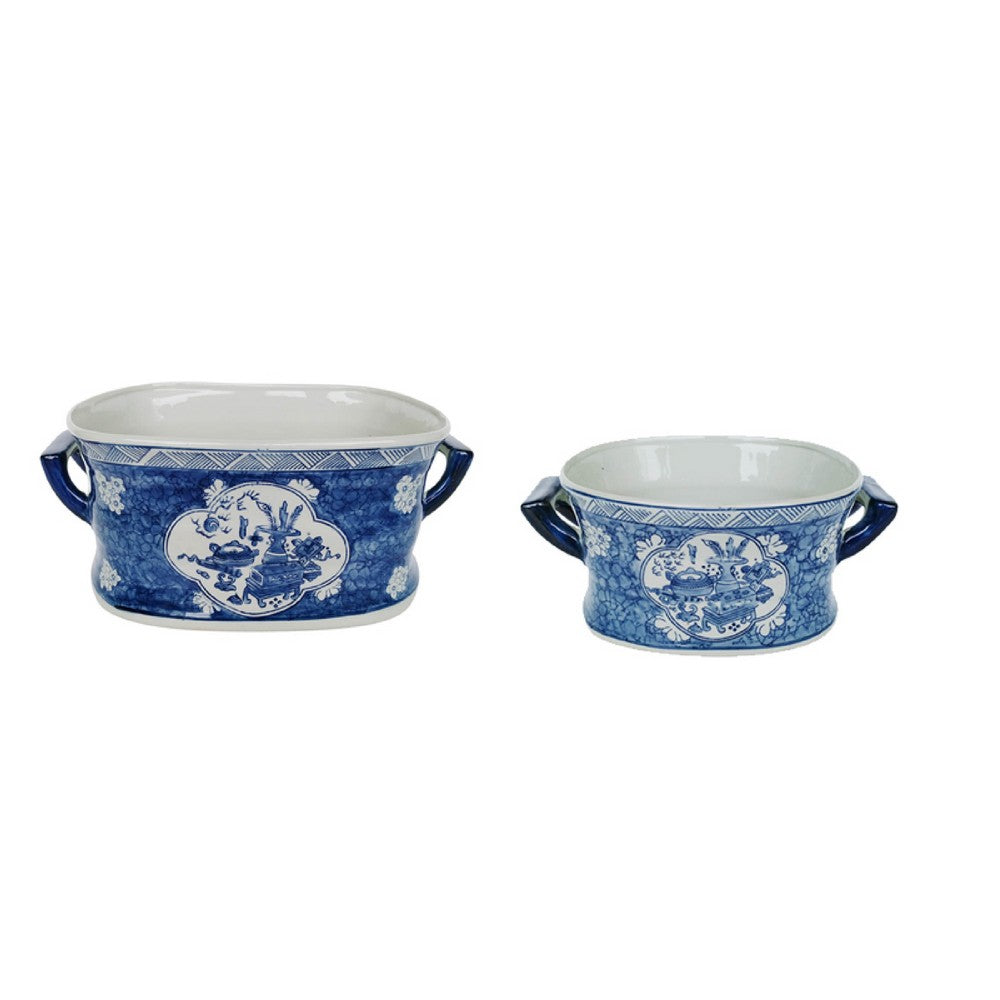 Porcelain Decorative Planter Pots Set of 2, White Blue, 20, 14 Inch - BM350118