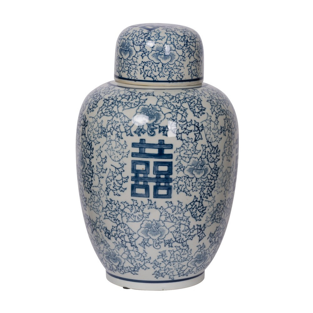 Decorative Ginger Jar with Lid, Blue and White Porcelain, 13 Inch - BM350119