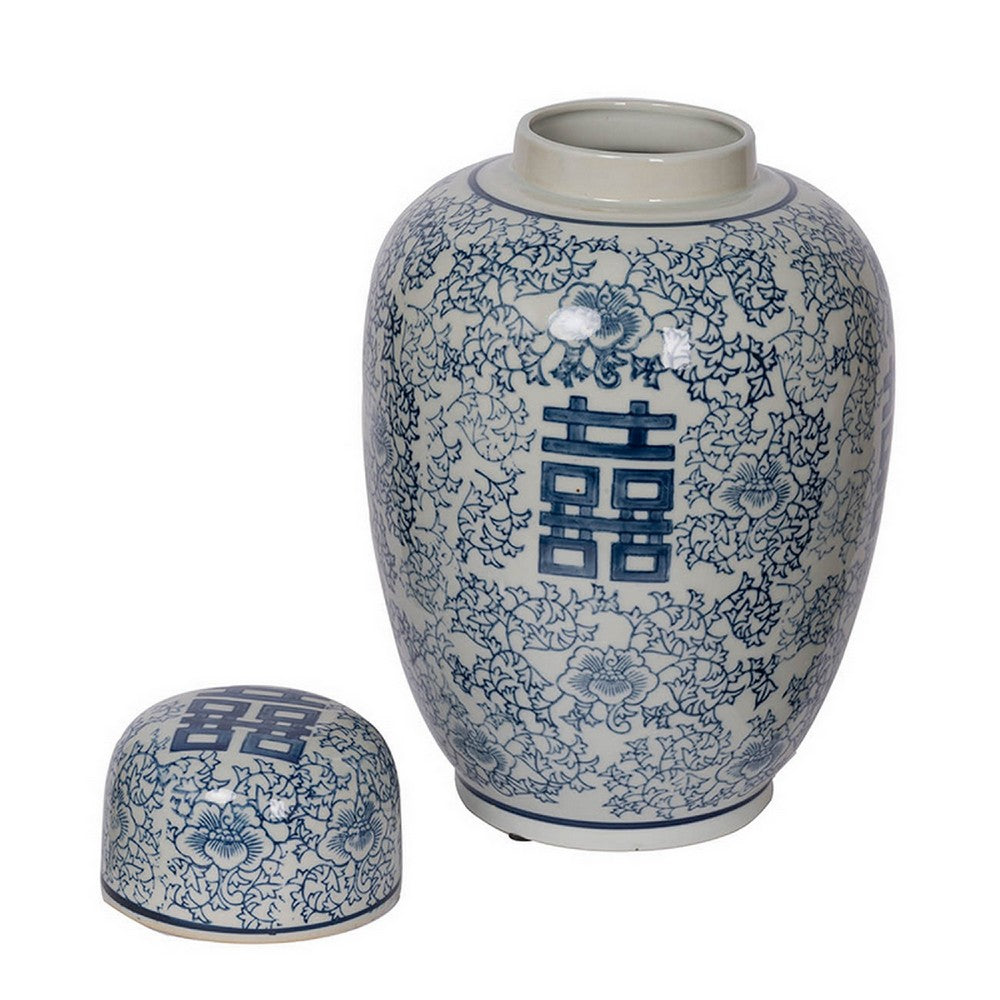 Decorative Ginger Jar with Lid, Blue and White Porcelain, 13 Inch - BM350119