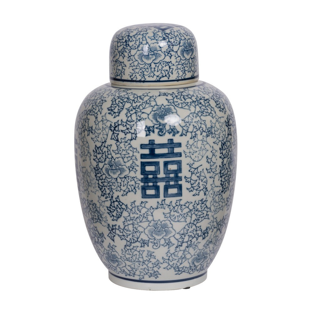 Decorative Ginger Jar with Lid, Blue and White Porcelain, 13 Inch - BM350119
