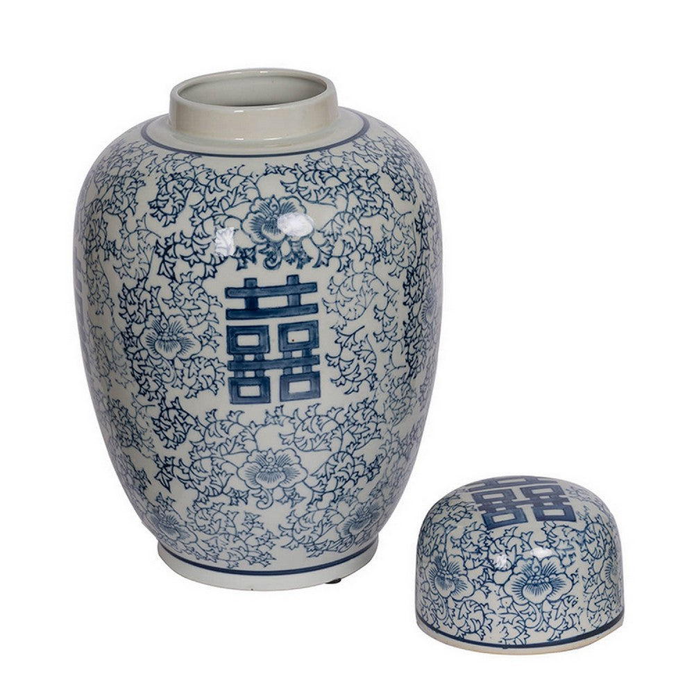 Decorative Ginger Jar with Lid, Blue and White Porcelain, 13 Inch - BM350119