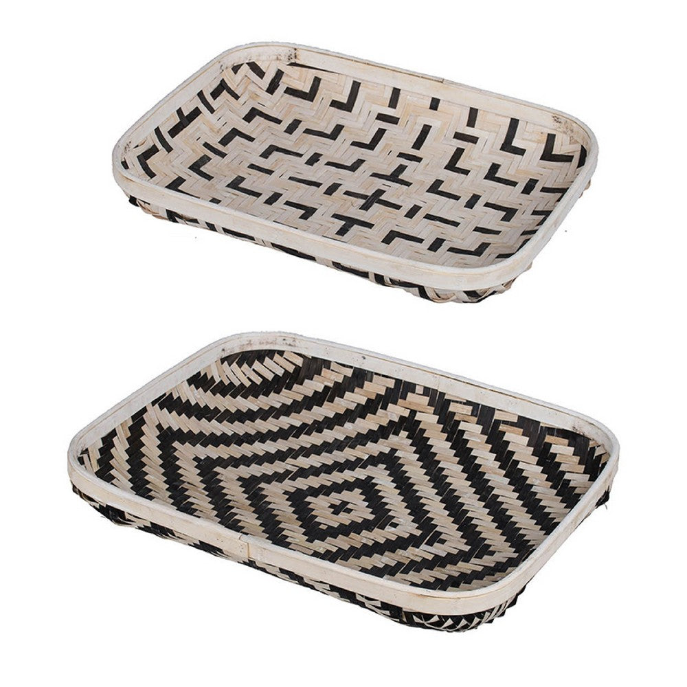 Mona Organic Wash Trays Set of 2, White Black Bamboo Woven Patterns - BM350120