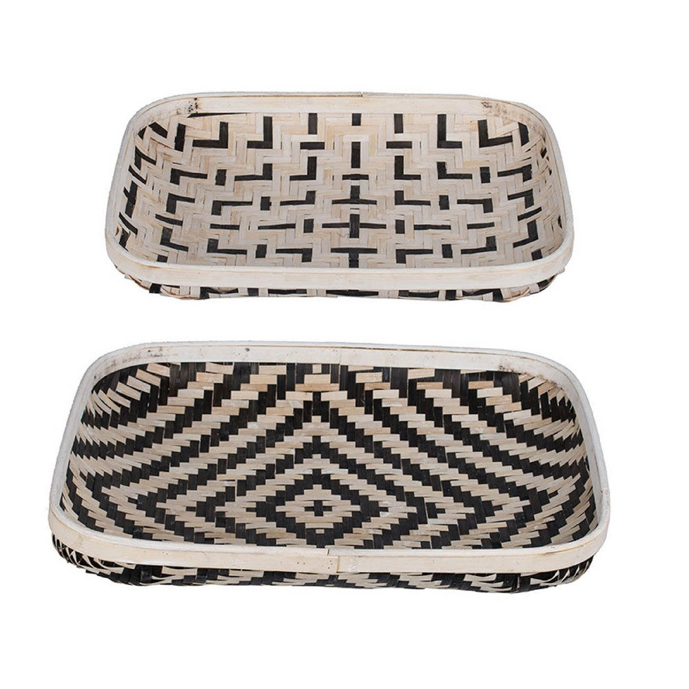 Mona Organic Wash Trays Set of 2, White Black Bamboo Woven Patterns - BM350120