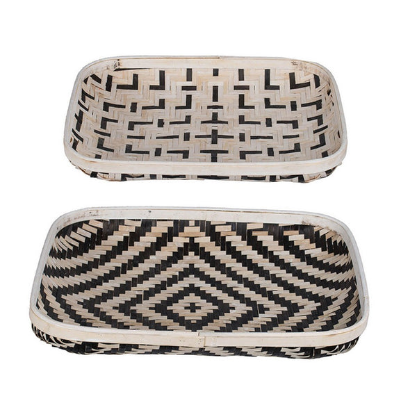 Mona Organic Wash Trays Set of 2, White Black Bamboo Woven Patterns - BM350120