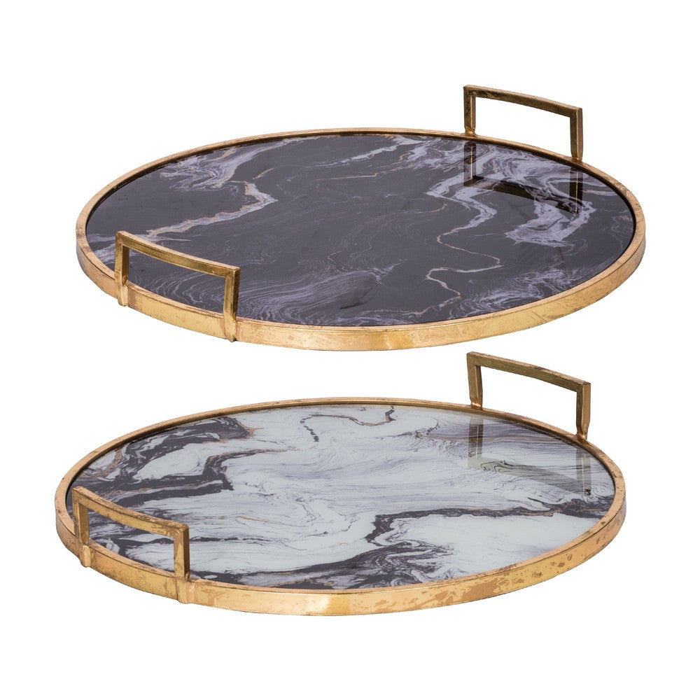 Set of 2 Decorative Trays with Handles, Black White Faux Marble Print, Gold - BM350122