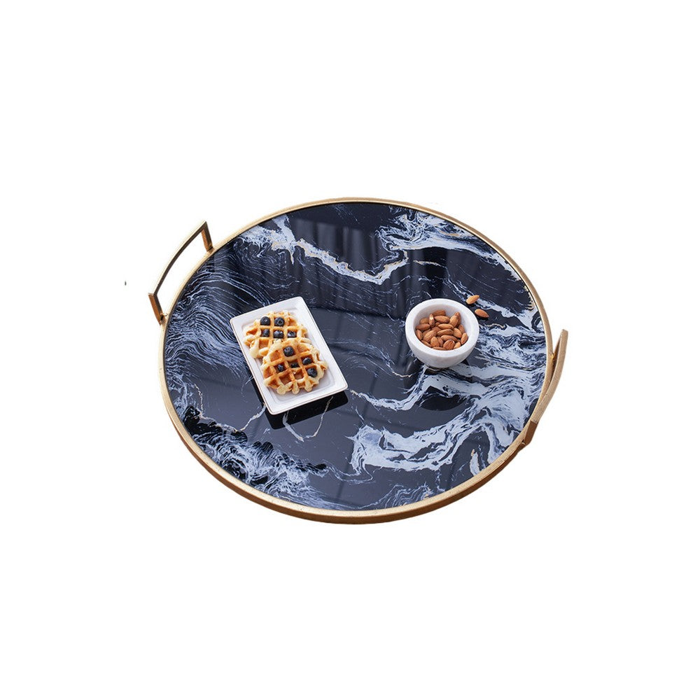 Set of 2 Decorative Trays with Handles, Black White Faux Marble Print, Gold - BM350122
