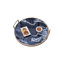 Set of 2 Decorative Trays with Handles, Black White Faux Marble Print, Gold - BM350122