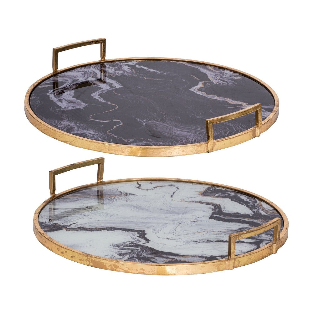Set of 2 Decorative Trays with Handles, Black White Faux Marble Print, Gold - BM350122