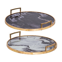 Set of 2 Decorative Trays with Handles, Black White Faux Marble Print, Gold - BM350122