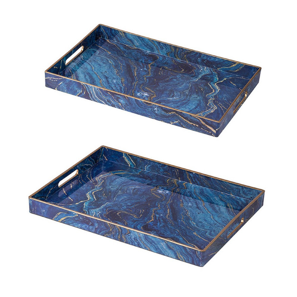 Decorative Serving Tray Set of 2, Cutout Handles, Blue Gold Faux Marble - BM350124