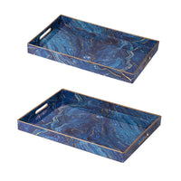 Decorative Serving Tray Set of 2, Cutout Handles, Blue Gold Faux Marble - BM350124