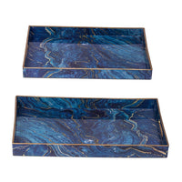 Decorative Serving Tray Set of 2, Cutout Handles, Blue Gold Faux Marble - BM350124