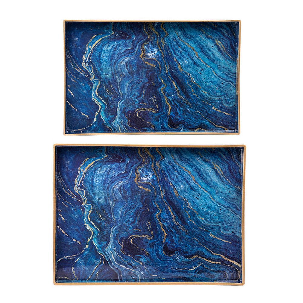 Decorative Serving Tray Set of 2, Cutout Handles, Blue Gold Faux Marble - BM350124