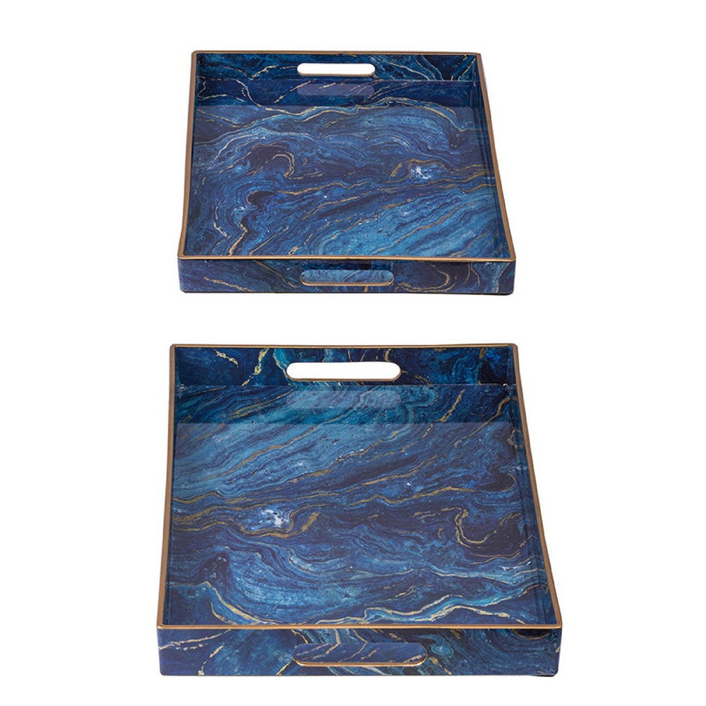 Decorative Serving Tray Set of 2, Cutout Handles, Blue Gold Faux Marble - BM350124