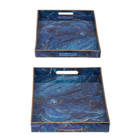 Decorative Serving Tray Set of 2, Cutout Handles, Blue Gold Faux Marble - BM350124