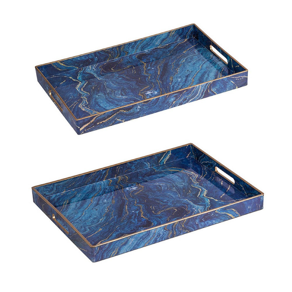 Decorative Serving Tray Set of 2, Cutout Handles, Blue Gold Faux Marble - BM350124