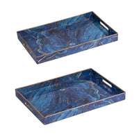 Decorative Serving Tray Set of 2, Cutout Handles, Blue Gold Faux Marble - BM350124