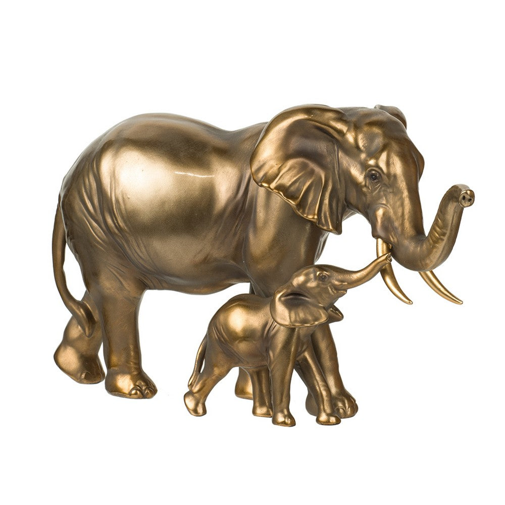 Mother and Baby Elephant Decorative Statue, 12 Inch Gold Bronze Polyresin - BM350127