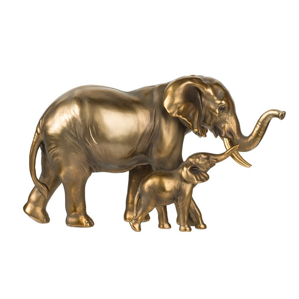 Mother and Baby Elephant Decorative Statue, 12 Inch Gold Bronze Polyresin - BM350127