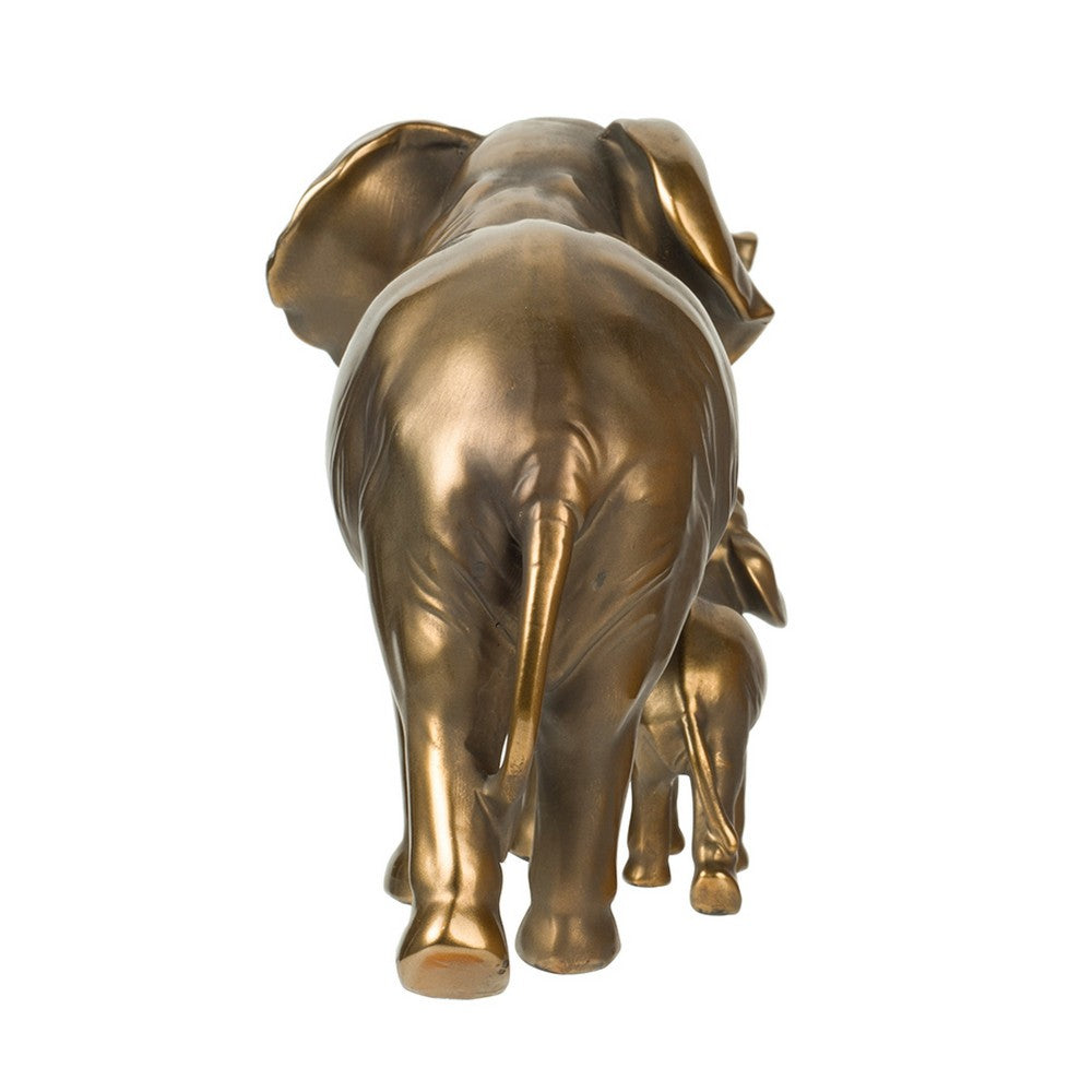 Mother and Baby Elephant Decorative Statue, 12 Inch Gold Bronze Polyresin - BM350127