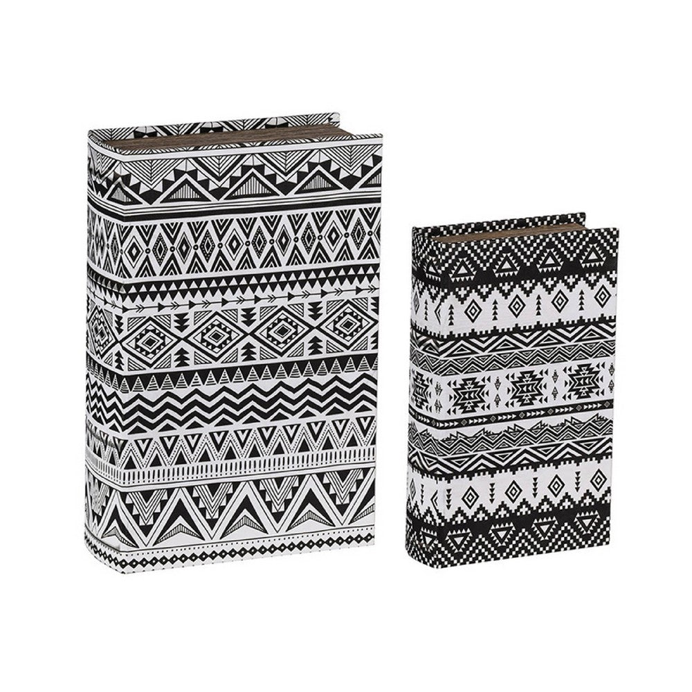 Decorative Book Storage Box Set of 2, White Black Geometric Pattern - BM350128