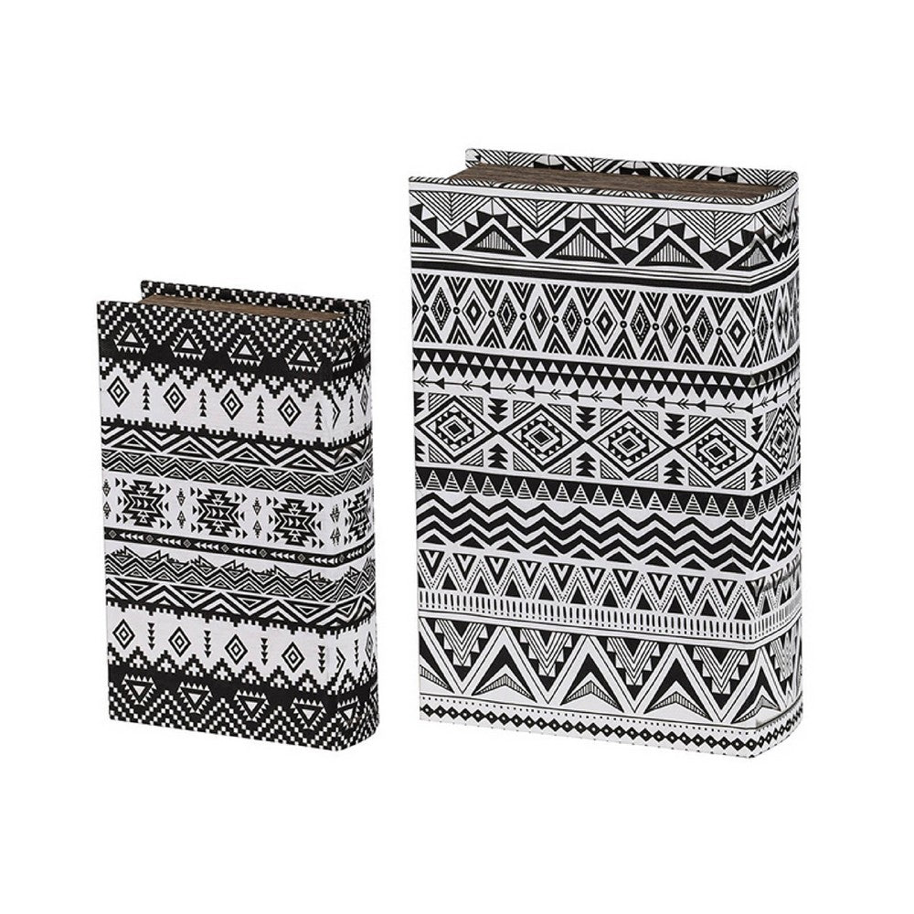 Decorative Book Storage Box Set of 2, White Black Geometric Pattern - BM350128