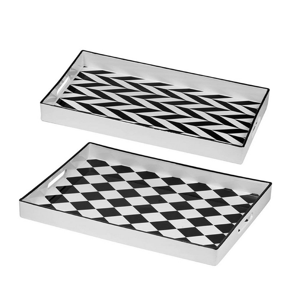Set of 2 Serving Trays, Black and White Checkered and Chevron Pattern - BM350129