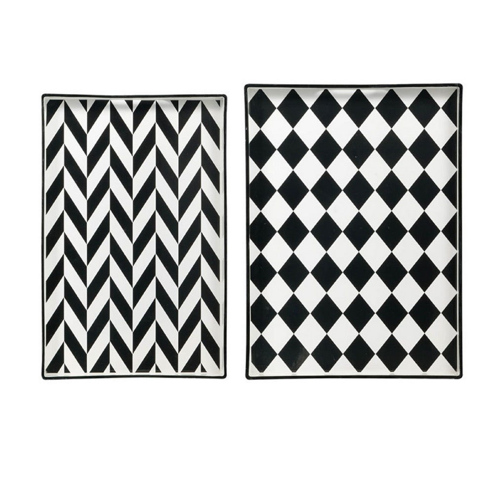 Set of 2 Serving Trays, Black and White Checkered and Chevron Pattern - BM350129