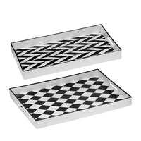 Set of 2 Serving Trays, Black and White Checkered and Chevron Pattern - BM350129