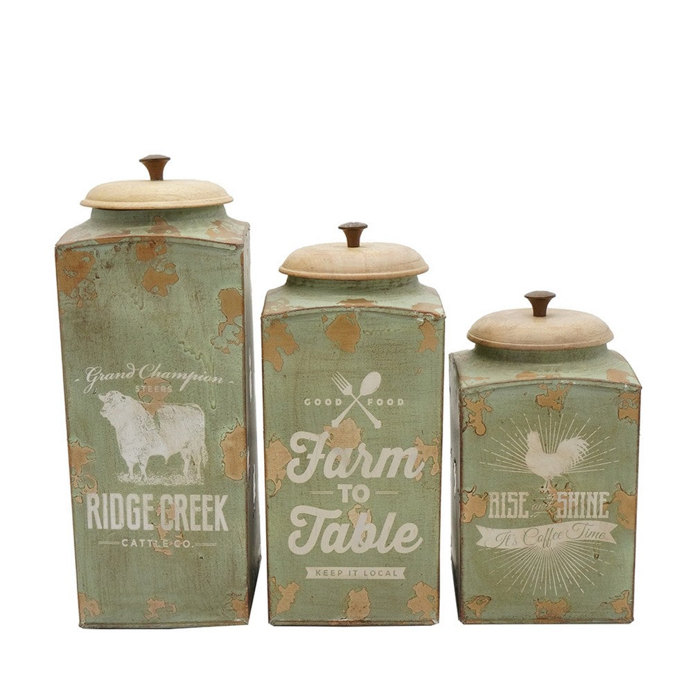 Storage Canister Jars with Wood Lids Set of 3, Farmhouse Galvanized Iron - BM350133