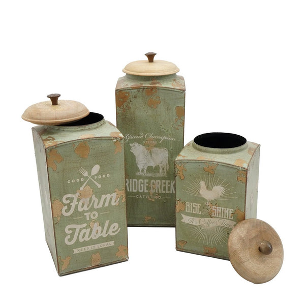 Storage Canister Jars with Wood Lids Set of 3, Farmhouse Galvanized Iron - BM350133