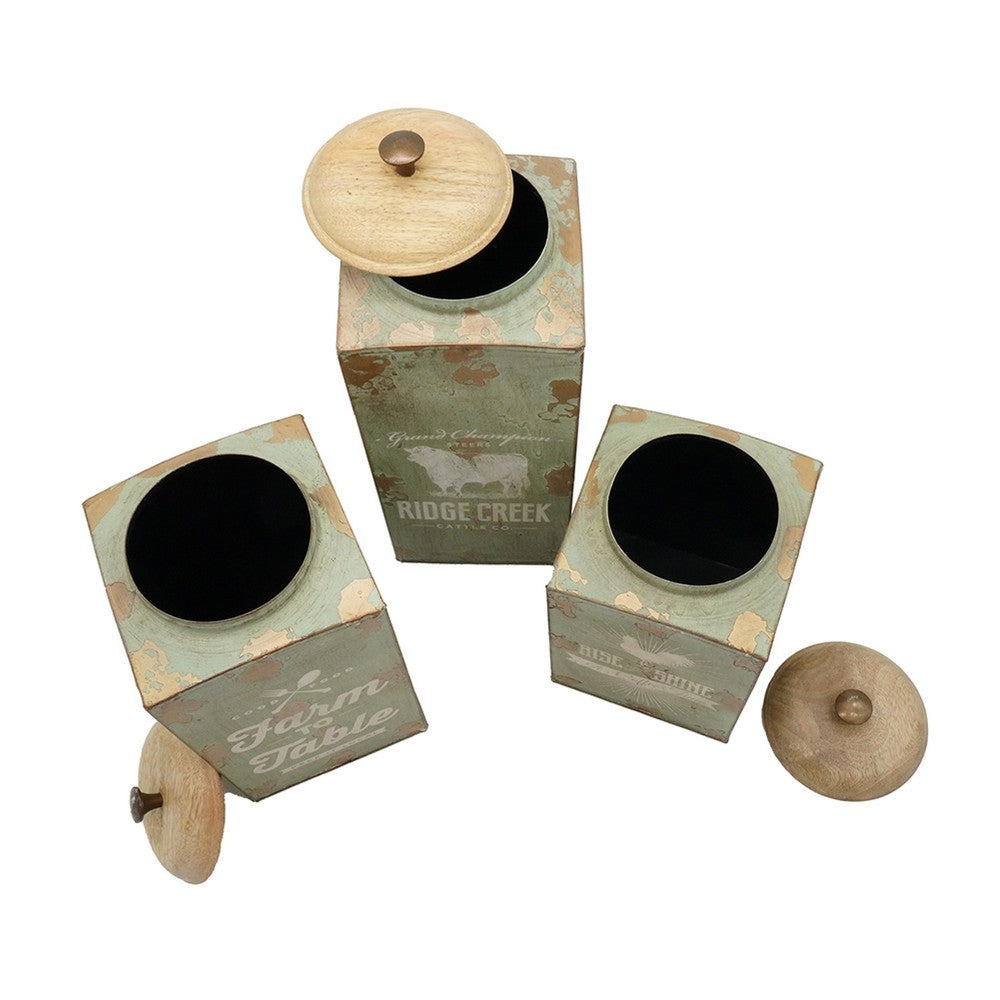 Storage Canister Jars with Wood Lids Set of 3, Farmhouse Galvanized Iron - BM350133