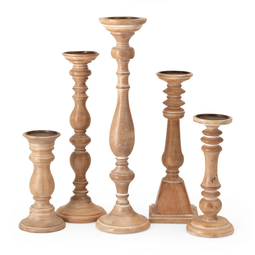 Hez 5pc Turned Candle Holder Set, Classic Accent, Rustic Brown Wood - BM350134
