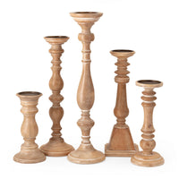 Hez 5pc Turned Candle Holder Set, Classic Accent, Rustic Brown Wood - BM350134