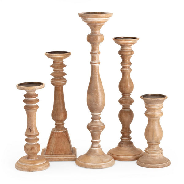 Hez 5pc Turned Candle Holder Set, Classic Accent, Rustic Brown Wood - BM350134