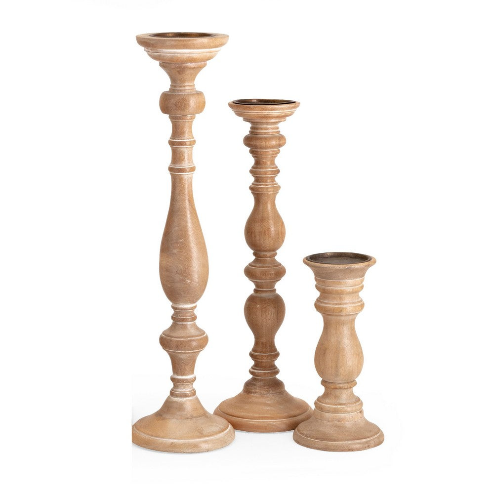 Hez 5pc Turned Candle Holder Set, Classic Accent, Rustic Brown Wood - BM350134
