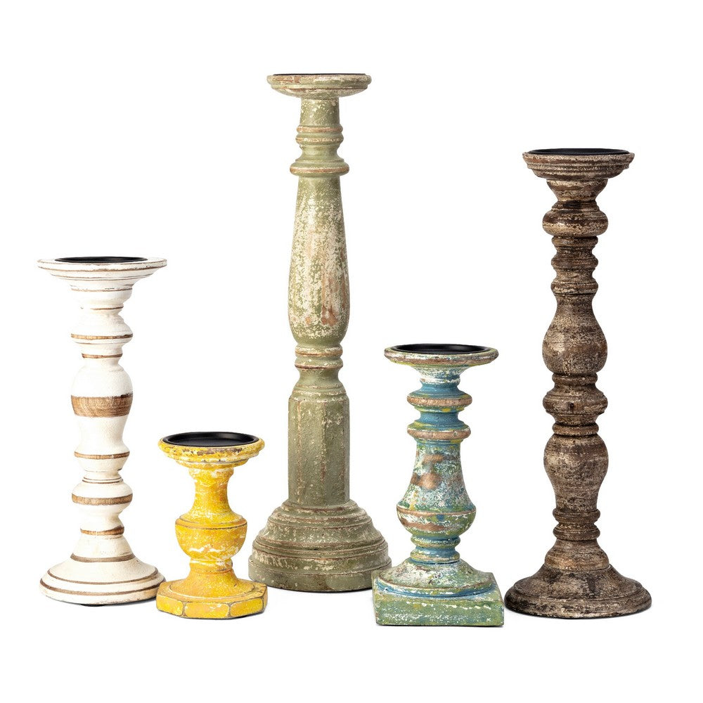 Hez 5pc Layered Candle Holder Set, Distressed Cream and Brown Wood - BM350135